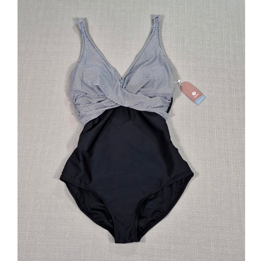 Smismivo One‎ Piece Swimsuit Black White Striped Twist Front Tummy Control L